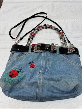 Vintage Rustic Faded Denim Ladybug Shoulder Bag with Beaded Strap. Rare to Find
